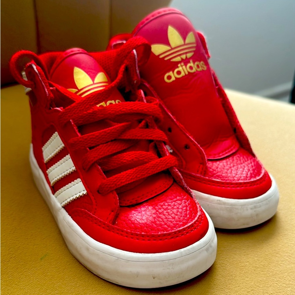 Kids Red Adidas Hard Court high tops 6c